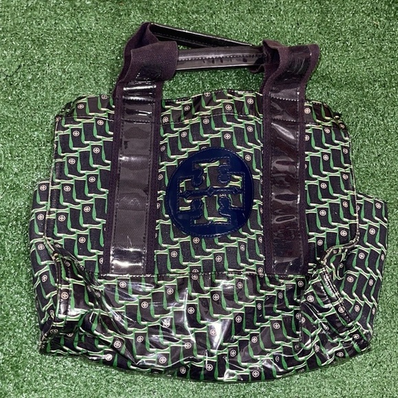 Tory Burch Boot Print Navy Canvas  patent  Tote Bag🔥 - Picture 1 of 7